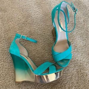 INC turquoise and gold ombré wedge sandals